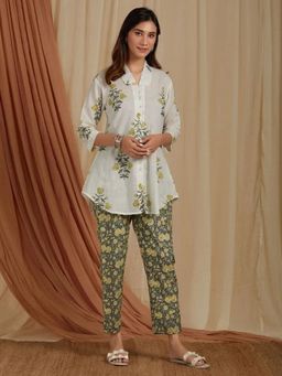 Sivi - Off White Hand Block Printed Cotton Top with Pants
