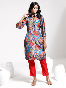 Vastramay - Womens Blue And Red Kurta Pant (Set of 2)