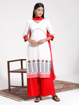 Vastramay - Womens Red And Off White Kurta Palazzo with Dupatta (Set of 3)