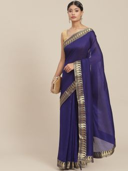 ISHIN - Womens Silk Blend Blue Solid Saree with Unstitched Blouse