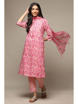 Biba - Womens Pink Printed Rayon Gathered Suit (Set of 3)