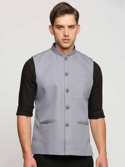 SHOWOFFFF - Men's Slim Fit Mandarin Collar Solid Grey Nehru Jacket