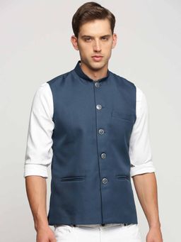 SHOWOFF - Men's Slim Fit Mandarin Collar Solid Teal Nehru Jacket
