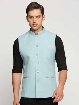 SHOWOFFFF - Men's Slim Fit Mandarin Collar Solid Blue Nehru Jacket