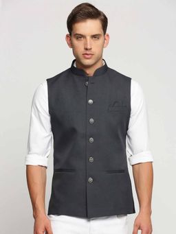 SHOWOFFFF - Men's Slim Fit Mandarin Collar Solid Charcoal Nehru Jacket