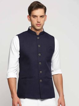 SHOWOFFFF - Men's Slim Fit Mandarin Collar Solid Navy Blue Nehru Jacket