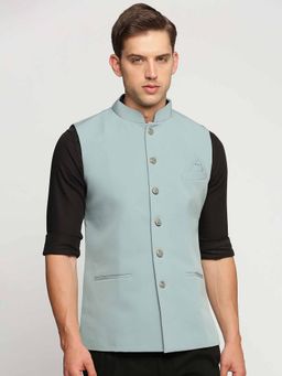 SHOWOFFFF - Men's Slim Fit Mandarin Collar Solid Sea Green Nehru Jacket