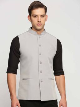 SHOWOFFFF - Men's Slim Fit Mandarin Collar Solid Grey Nehru Jacket