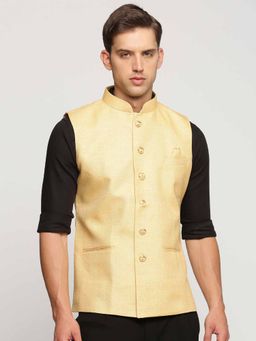 SHOWOFF - Men's Slim Fit Mandarin Collar Solid Yellow Nehru Jacket