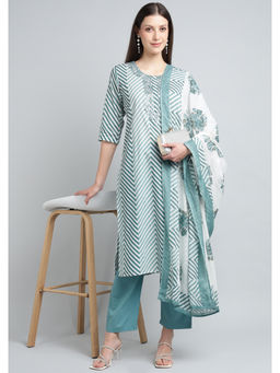 Zari Jaipur - Womens Green Stripes Mirror Work Kurta with Pant & Dupatta