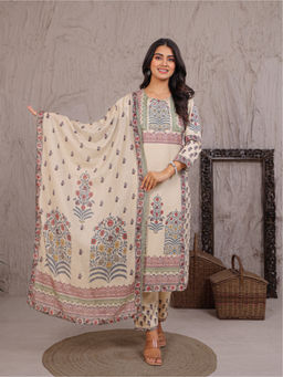 Zari Jaipur - Womens Cream Printed Embellished Kurta with Pant & Dupatta