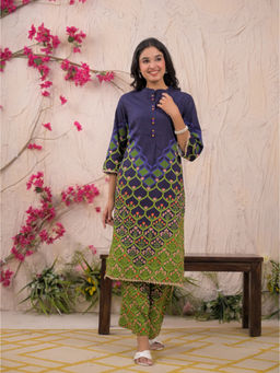 Zari Jaipur - Women Blue Printed Lace Work Kurta with Palazzo