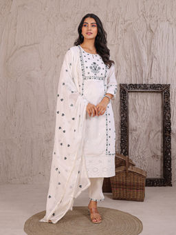 Zari Jaipur - Women White Embroidered Mirror Work Kurta with Pant & Dupatta