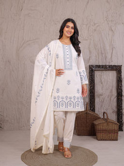 Zari Jaipur - Women White Embroidered Mirror Work Kurti with Pant & Dupatta