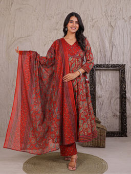 Zari Jaipur - Women Red Floral Printed Angarkha Kurta with Pant & Dupatta