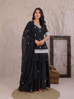 Zari Jaipur - Women Black Embroidered Kurti with Sharara & Dupatta