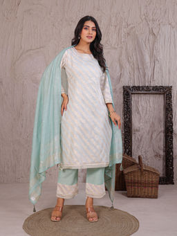 Zari Jaipur - Women White Embroidered Zari Work Kurta with Pant & Dupatta