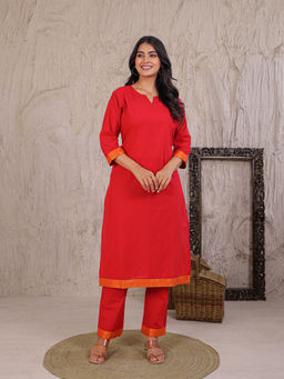 Zari Jaipur - Women Red Solid Zari Work Kurta with Pant
