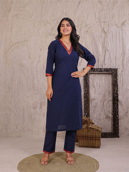 Zari Jaipur - Womens Navy Blue Solid Kurta with Pant