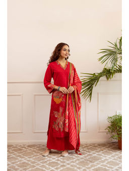 Nehamta - Womens Red Modal Muslin Kurta with Palazzo & Dupatta