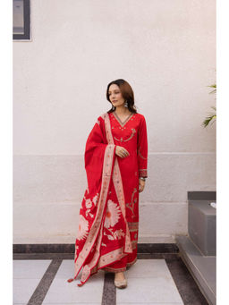 Nehamta - Womens Red Embroidered Kurta with Palazzo & Dupatta