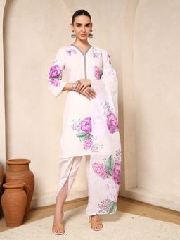 Nehamta - Womens White Floral Print Cotton Rayon Kurta with Dhoti & Dupatta