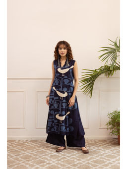 Nehamta - Womens Navy Blue Printed Cotton Kurta with Palazzo