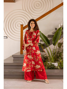 Nehamta - Womens Red Floral Print Modal Muslin Kurta with Palazzo