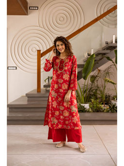 Nehamta - Womens Red Floral Print Modal Muslin Kurta with Palazzo