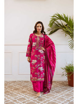 Nehamta - Womens Rani Pink Floral Printed Modal Muslin Kurta with Palazzo & Dupatta