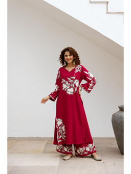 Nehamta - Womens Red Floral Printed German Rayon Kurta with Palazzo