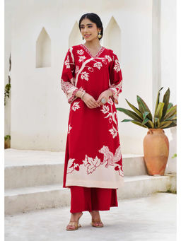 Nehamta - Womens Red Printed German Rayon Kurta with Palazzo