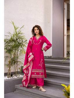 Nehamta - Womens Pink Embroidered Kurta with Palazzo & Dupatta
