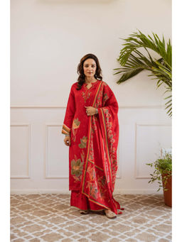 Nehamta - Womens Red Floral Modal Muslin Kurta with Palazzo & Dupatta