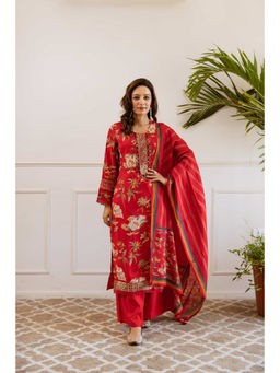 Nehamta - Womens Red Floral Printed Modal Kurta with Palazzo & Dupatta