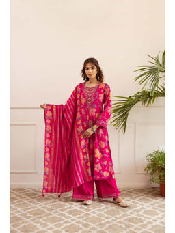 Nehamta - Womens Rani Pink Floral Print Kurta with Palazzo & Dupatta