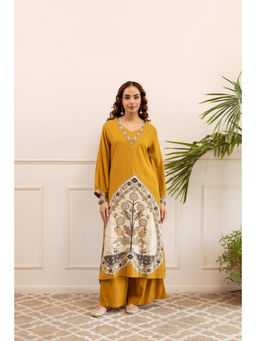 Nehamta - Womens Mustard Floral Print German Rayon Kurta with Palazzo