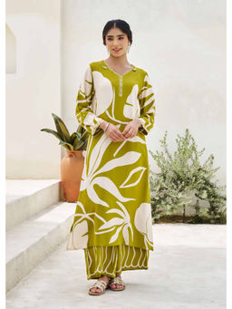 Nehamta - Womens Olive Green Floral Print Rayon Kurta with Palazzo