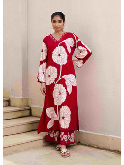 Nehamta - Womens Red German Rayon Kurta with Palazzo