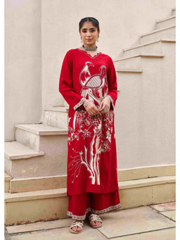 Nehamta - Womens Red German Rayon Kurta with Palazzo