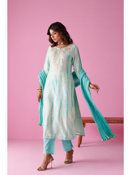 Zari Jaipur - Women Green Tie & Dye Embroidered Kurta with Pant & Dupatta