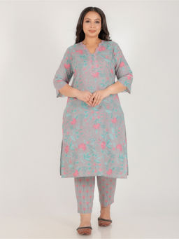 ARAMYA - Women Grey Floral Print Kurta with Pant