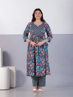 ARAMYA - Women Blue Floral Print Kurta with Palazzo