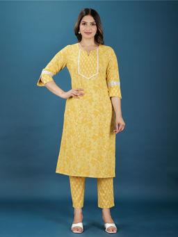 ARAMYA - Women Yellow Floral Print Kurta with Pant