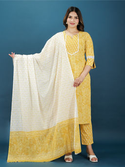 ARAMYA - Women Yellow Floral Print Kurta with Pant & Dupatta