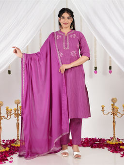 ARAMYA - Women Purple Embroidered Kurta with Pant & Dupatta