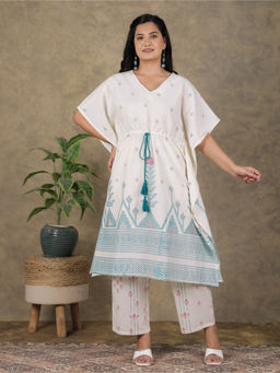 ARAMYA - Women White Printed Soft Cotton Kaftan Kurta with Pant