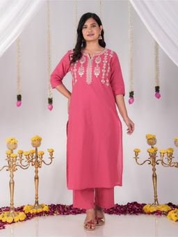 ARAMYA - Women Pink Embroidered Kurta with Pant