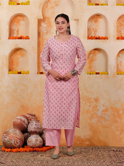 ARAMYA - Women Pink Printed Kurta with Pant