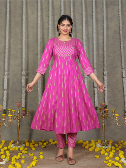 ARAMYA - Women Pink Printed Viscose Anarkali Kurta with Pant